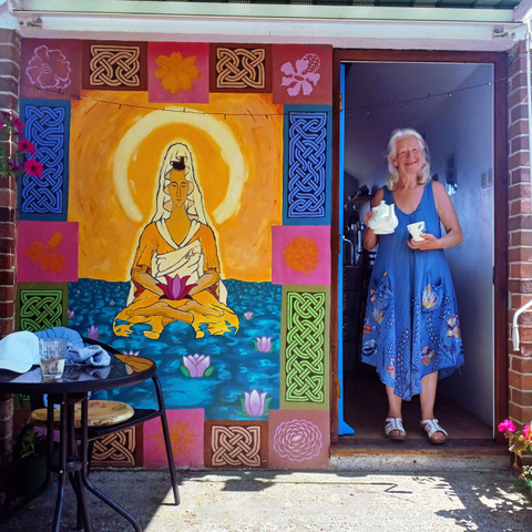 Juliet at the Peace Gardens Café entrance